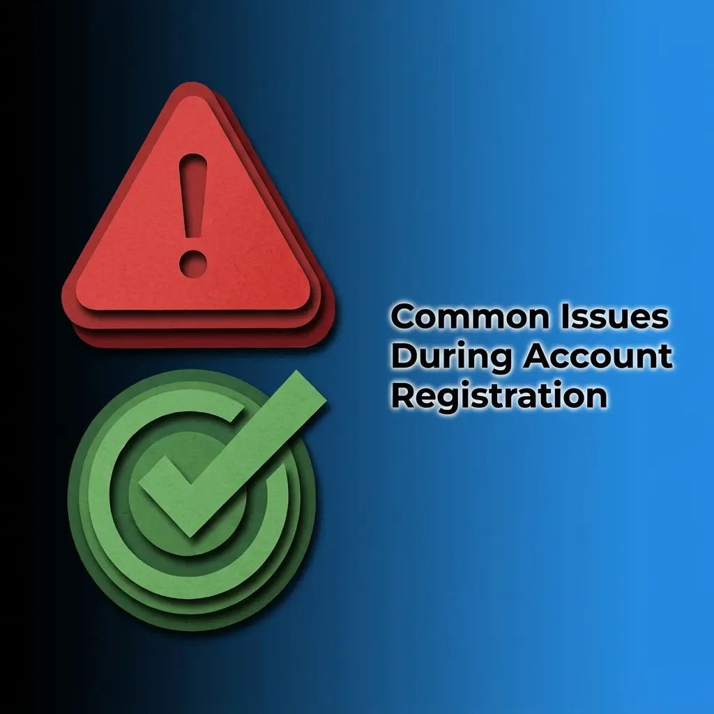 Troubleshooting guide showing common account registration issues and step-by-step solutions for verification, KYC, and form errors
