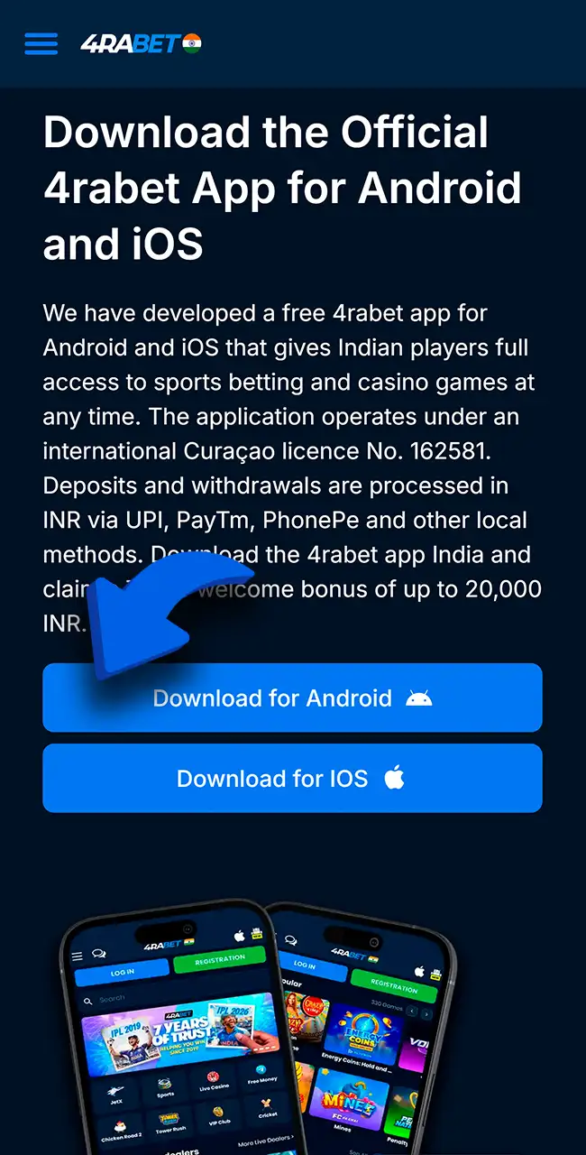Tap the 4rabet app download button now.