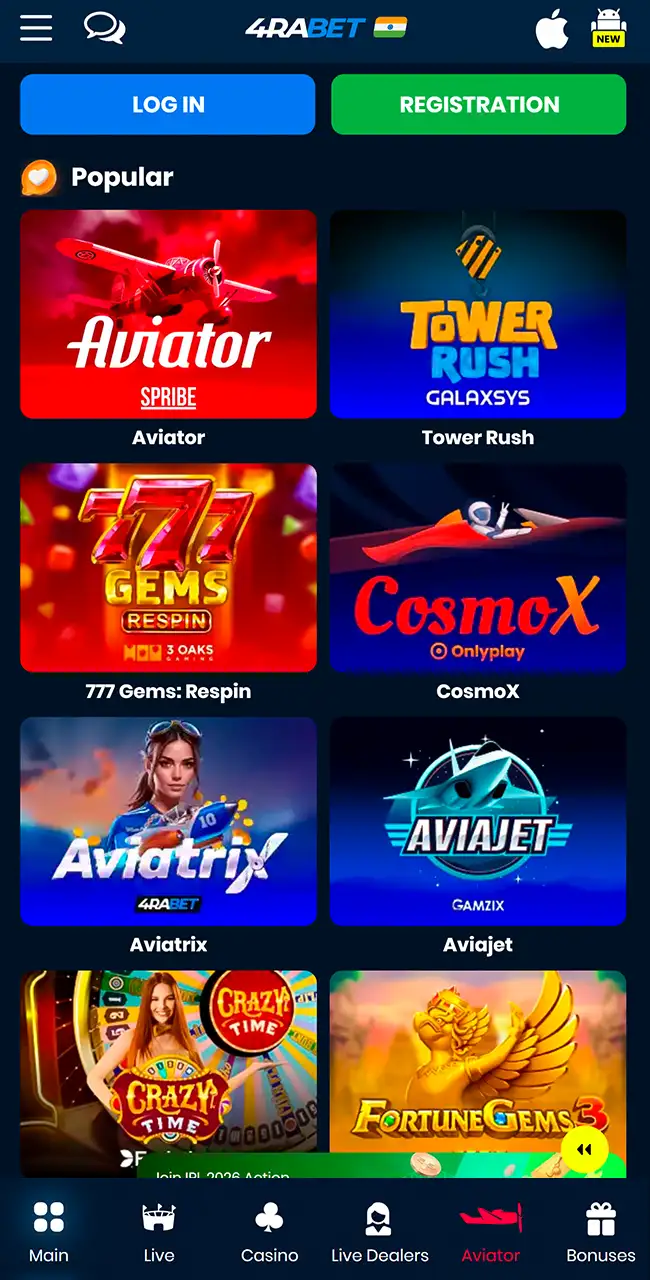 Play casino games on 4rabet now.