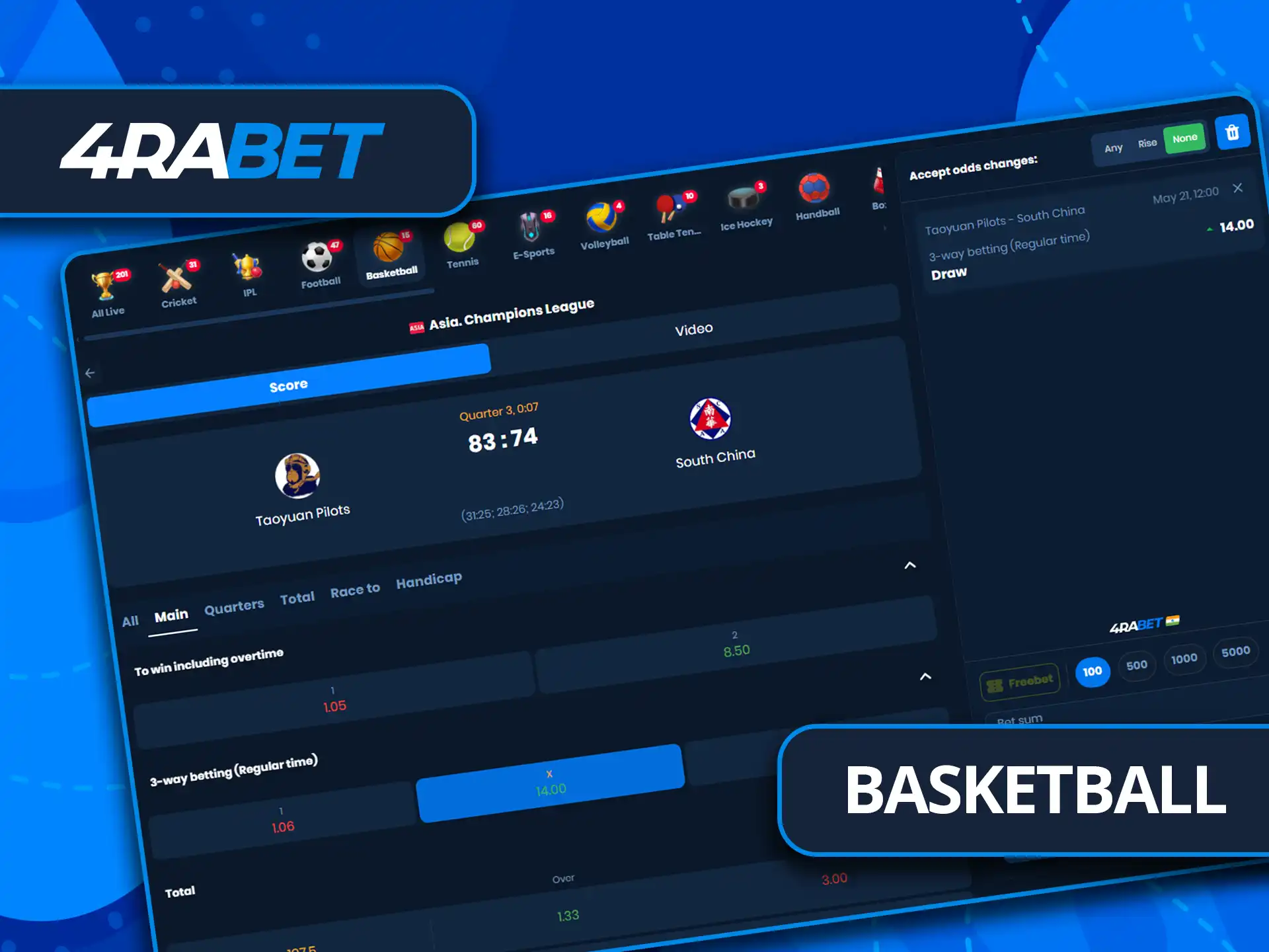 Place basketball bets securely on 4rabet.