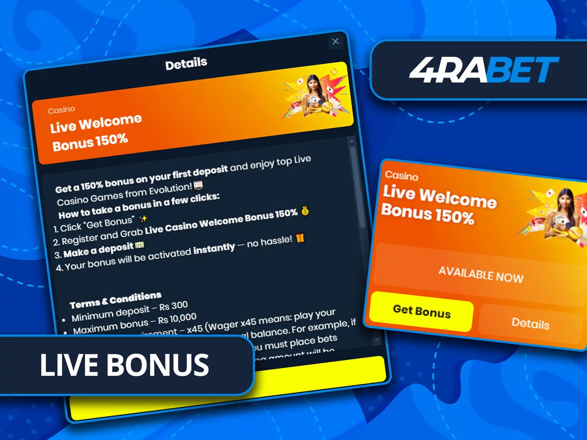 Get a 150% live bonus on 4rabet.
