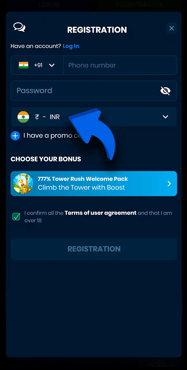 Select your currency and 4rabet bonus.