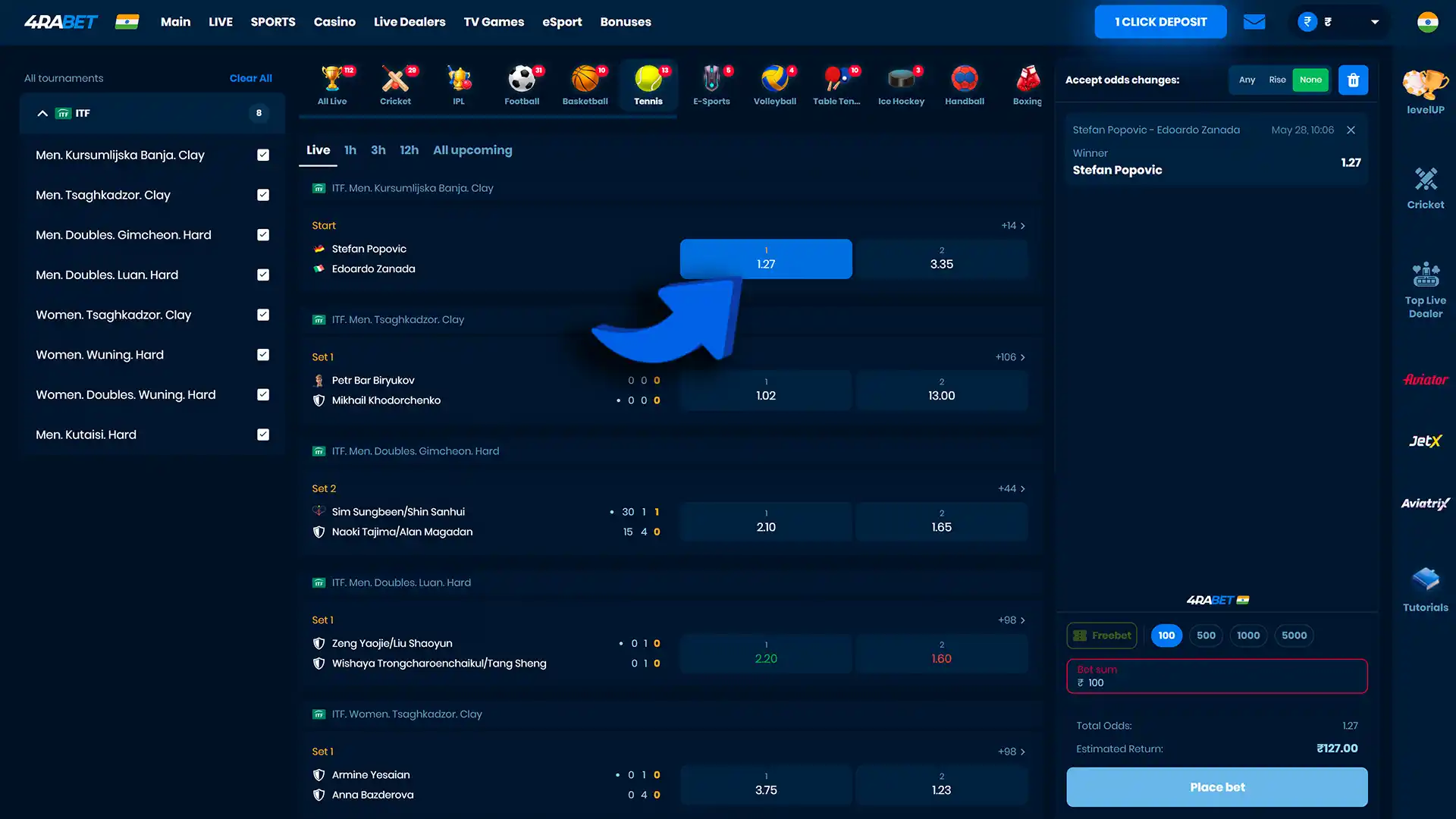 Select your tennis match and betting market on 4rabet.